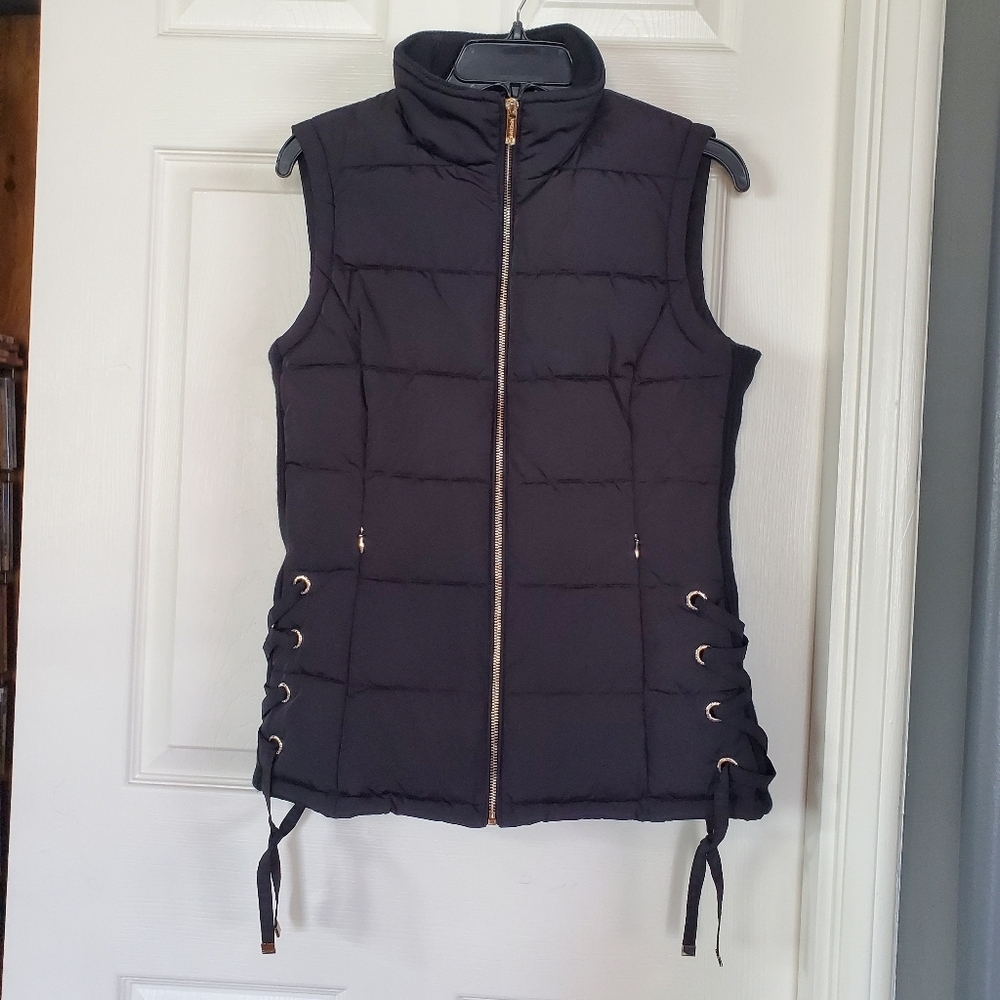 Calvin Klein Puffer Quilted Black Vest Lace-up Sides Full Front Zip & Pockets XS